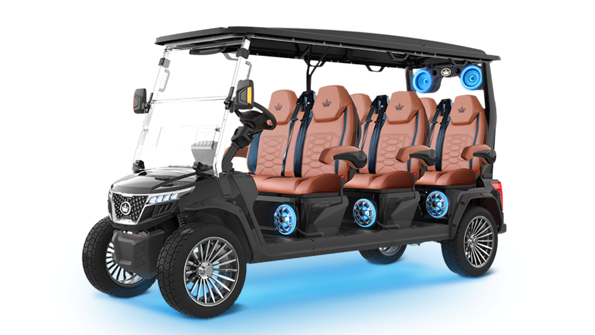 Black six-passenger golf cart with tan seats, blue speakers, and premium street-ready styling.